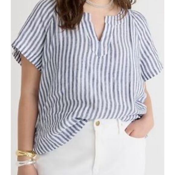 J Crew Sz M V Neck Flutter Sleeve Blue Striped 100% Linen Top - Picture 3 of 9